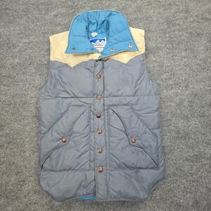 Vintage Powderhorn Mountaineering Down Puffer Vest Men's XS Gray White Blue Snap